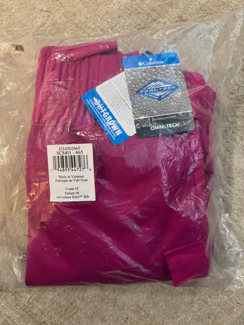 Columbia Youth 4T Snow Bib in Magenta